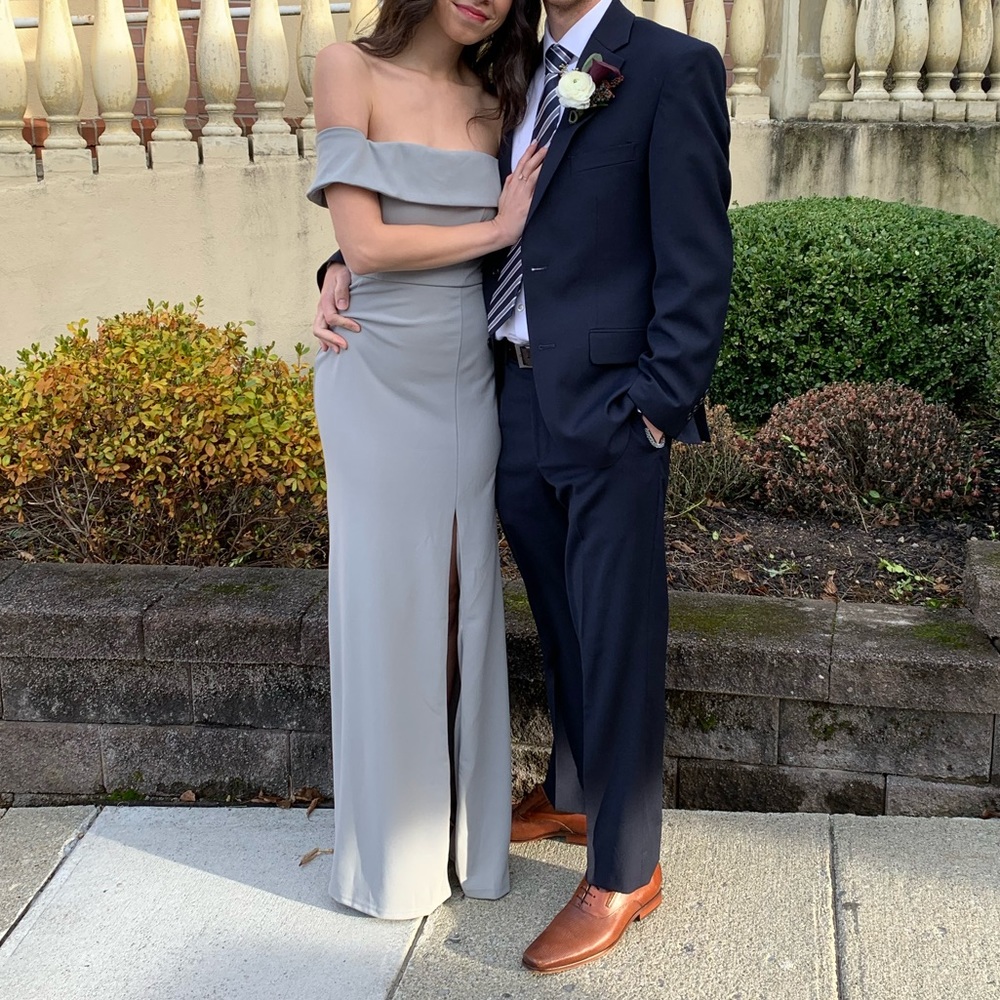 Blue gray formal off the shoulder dress, only worn once for a wedding!